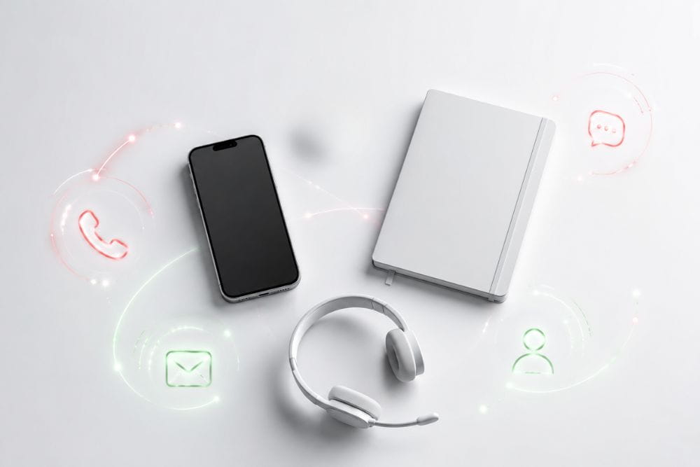 Smartphone, Notizbuch, Kopfhörer